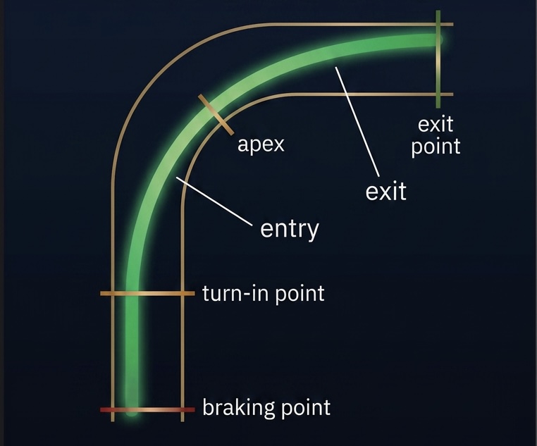 Ideallinie durch eine Kurve (Entry, Apex, Exit)